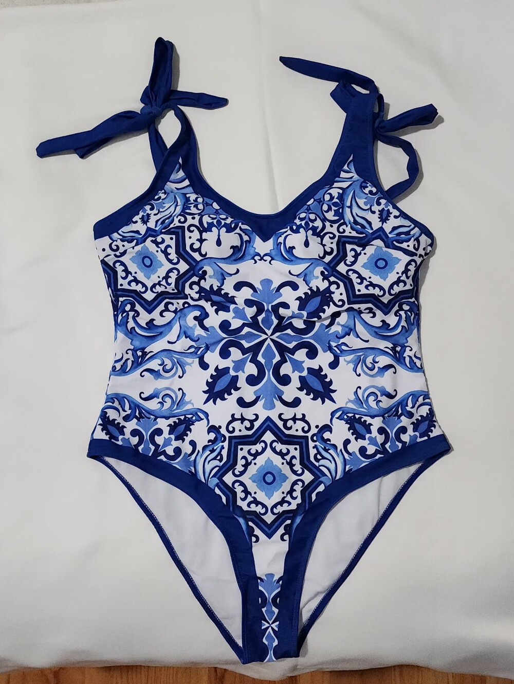 2 Pc Ladies Blue Tile-Print One-Piece Swimsuit with Tie Straps With A Sarong